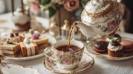 Vintage afternoon tea setup showcases teapot pouring tea into floral cup. Sandwiches, pastries on white table. Elegant arrangement evokes British tradition, inviting refined .