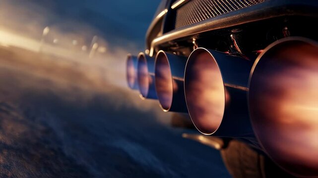 Futuristic sports car exhaust pipes belching fiery smoke, generating intense energy against dramatic sunset sky, highlighting automotive performance and power