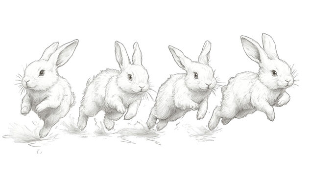 Four white bunnies leaping