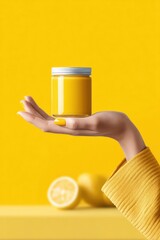 Showcasing vibrant honey jar in playful hands against a bright yellow background