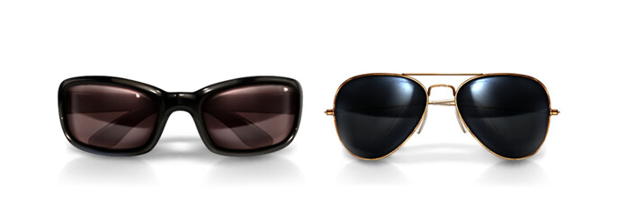 Premium 3d eyewear models of rectangular and aviator sunglasses. Realistic polished frames with dark tinted lenses for luxury fashion brands, product catalogs or summer accessory advertisements.