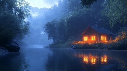 Fototapeta premium Lakeside Cabin at Dusk