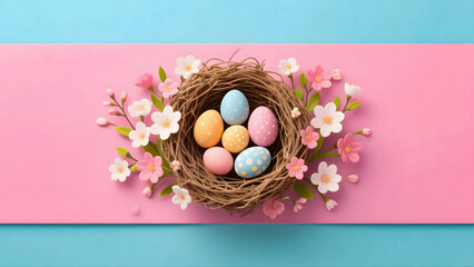 Pink background Easter eggs bird's nest with spring flowers, flat lay for banner design