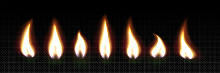 Realistic 3d birthday candle flames collection on dark background - glowing fire elements with warm light effects in different shapes and movements for party decorations, cake designs or celebration. © klyaksun