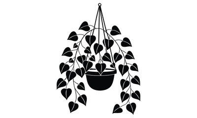 Black and white illustration of a hanging heart leaf plant