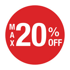 ”MAX20％OFF ”の文字入り　円形のベクターイラスト　赤色　白文字　背景透過
