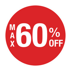 ”MAX60％OFF ”の文字入り　円形のベクターイラスト　赤色　白文字　背景透過
