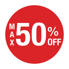 ”MAX50％OFF ”の文字入り　円形のベクターイラスト　赤色　白文字　背景透過
