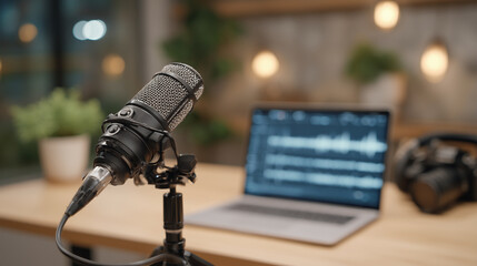 Freelancer setting up a livestream or online tutoring session, professional mic and camera gear arranged neatly on desk