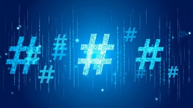 Abstract digital graphic of numerous hashtag symbols, composed of binary code elements, arranged in a dynamic, flowing pattern against a deep blue backdrop