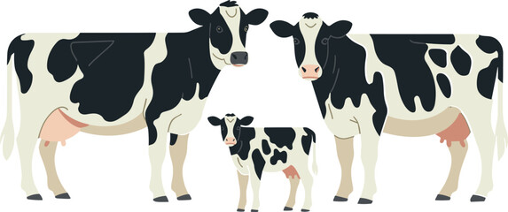 Holstein cows and calf illustration, dairy farm animals cartoon, black and white cattle, livestock family group, isolated on white background © Nur Creations