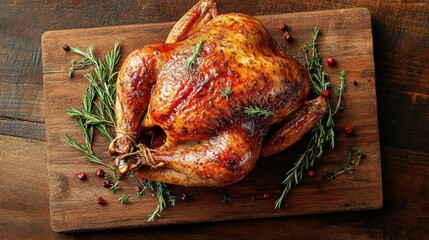 Golden Brown Roasted Chicken with Herbs and Spices on Wooden Homemade rotisserie thyme, lemon