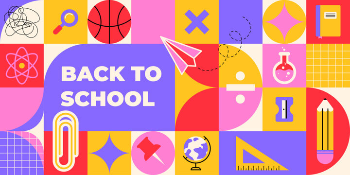Back to school geometric pattern - colorful grid design with education icons of basketball and magnifying glass, paper plane and chemistry flask, pencil and notebook. Modern abstract mosaic layout. - Powered by Adobe