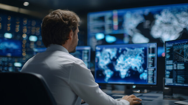 AI system monitoring cybersecurity threats in real time, shown as dynamic holograms and alert notifications surrounding a focused IT specialist