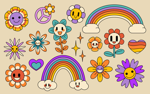 Retro flower and rainbow collection - groovy hippie daisies with smiling faces, peace signs and colorful arches with clouds . Vintage 70s style botanical elements for nostalgic psychedelic design.