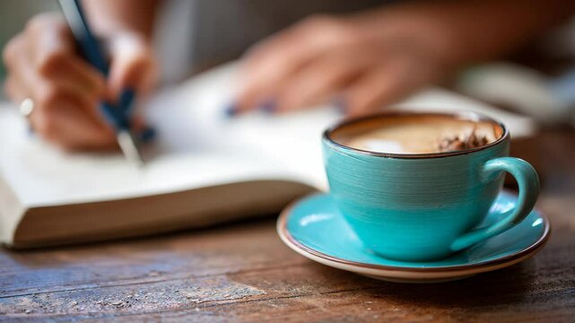 Person writing in a notebook with a cup of coffee