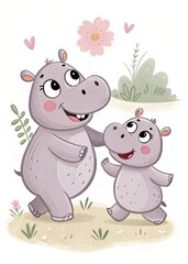 A cartoon illustration of two hippos walking together with flowers and hearts
