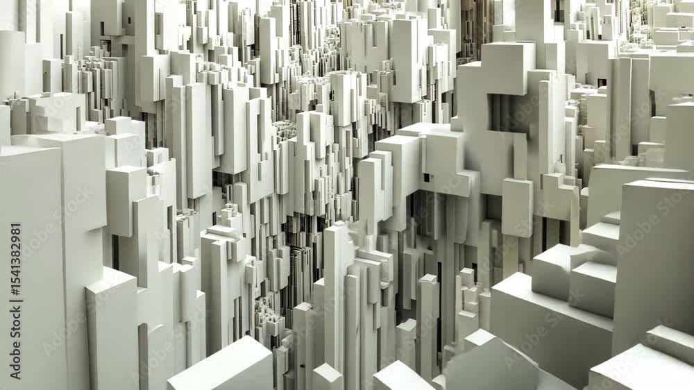 Poster exploring a computer code abstraction with seamless 3d architectural forms in a dynamic landscape, c