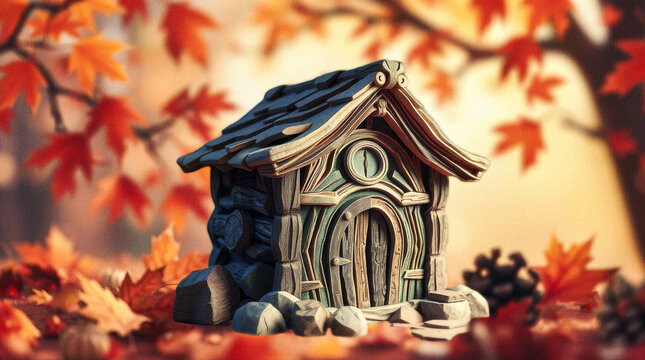 A fairytale toy hut in an autumn landscape.