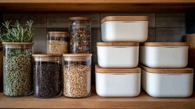 Neatly stacked minimalist storage containers on wooden shelves in a pantry, showcasing order and functional design