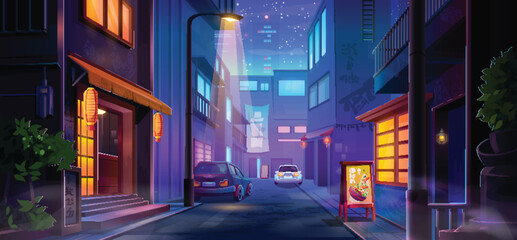 Downtown street neon night scene - urban alley with glowing shop signs, lanterns and colorful windows. Cars parked near cafe under starlit sky for cyberpunk gaming cityscapes or lofi aesthetic artwork © klyaksun