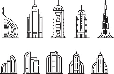 Obraz premium Ten Modern Skyscraper Building Line Art Icons architecture