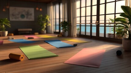Yoga studio with mats on wood floor; ocean view through gridded windows