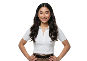 Photo of smiling asian woman in business attire poses confidently isolated on white transparent background