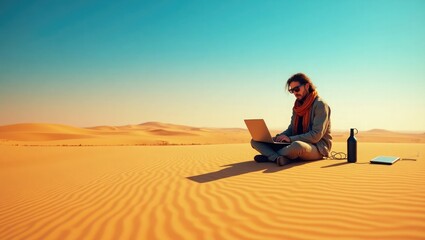 Remote worker using laptop in desert with solar power