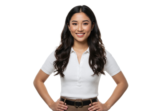 Photo of smiling asian woman in business attire poses confidently isolated on white transparent background