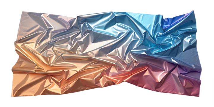 A Crumpled Sheet of Metallic Material Displaying a Gradient of Colors from Golden and Pink Tones to Silver Blue and Purple in a Horizontal Rectangular Shape