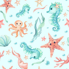 Seahorse, starfish, octopus cute children's illustration seamless pattern. Watercolor characters, seaweed underwater world isolated on soft blue mint background. Kids design for textile, packaging