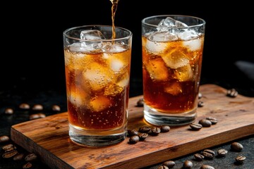 Iced coffee pouring into tall glasses on wooden board in Ice a glass