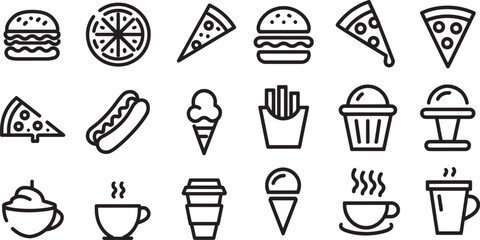 Black and White Fast Food and Drink Icons Set food icons