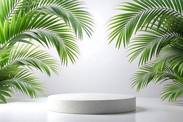 White pedestal with a green palm tree in front of it