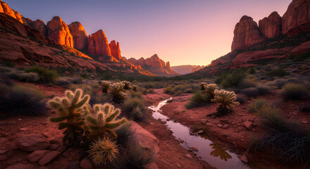 Stunning scenic view of desert landscape with cacti and mountains during sunset