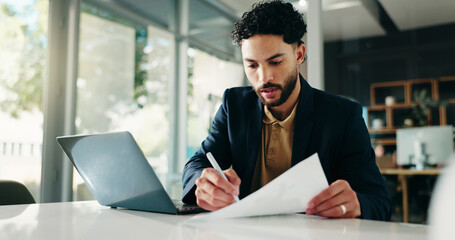 Businessman, accountant or writing with laptop on documents for financial report at office desk....