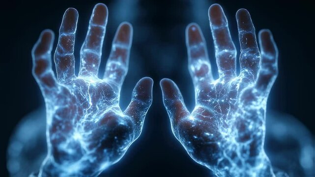 Medical visualization revealing glowing human hands, illuminating intricate nervous system pathways and dynamic nerve impulse networks with translucent, futuristic anatomical detail
