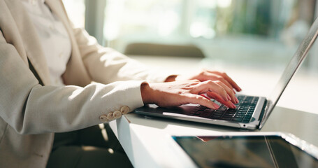 Naklejka na ściany i meble Hands, typing and laptop with business woman in office for research, broker report and account manager. Planning, investment review and budget admin with person in financial agency for portfolio
