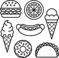 Black and White Line Art Fast Food Icons Set Burger Pizza Ice Cream Taco Donut Hot Dog