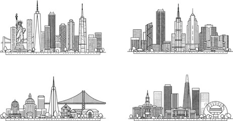 Fototapeta premium Minimalist Cityscape Illustrations Featuring Famous Landmarks and Skyscrapers in a Clean, Modern Style flat vector illustration