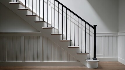Black iron handrail with vertical posts set in white stair treads