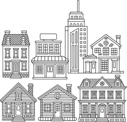 Black and White Line Art House Collection Cityscape Buildings