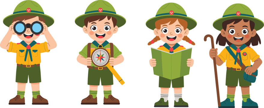 Cute cartoon scout kids, outdoor adventure, map reading, compass, binoculars, hiking stick, smiling children