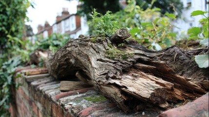 Fototapeta premium Fallen tree branch resting on roof tiles, suggesting potential damage