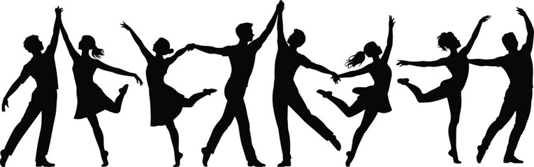 Silhouette dancing couples performing, elegant poses, partner dance, motion, grace, ballet, choreography, romance,