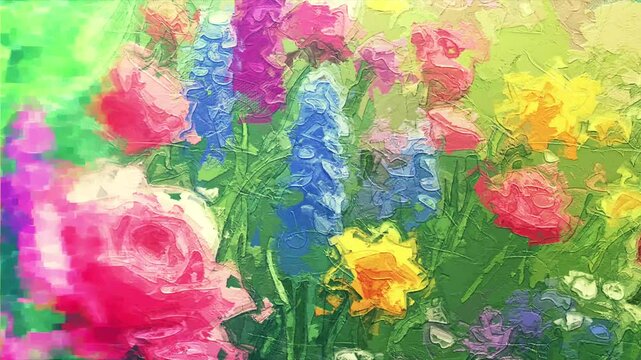 Various oil paintings, flowers, marine creatures, coconut trees, roses, peonies, landscapes, and animals