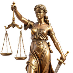 Obraz premium Realistic Bronze Lady Justice Statue Holding Scales and Sword, Transparent Background png