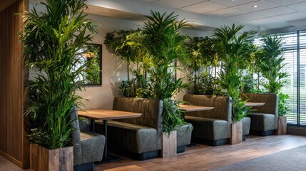 Indoor workspace partitioned by tall leafy green plants for privacy