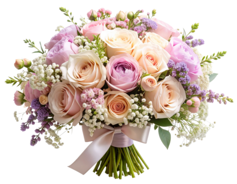 “Pastel Cottagecore Flower Bouquet with Lace Ribbon, Isolated on Transparent Background